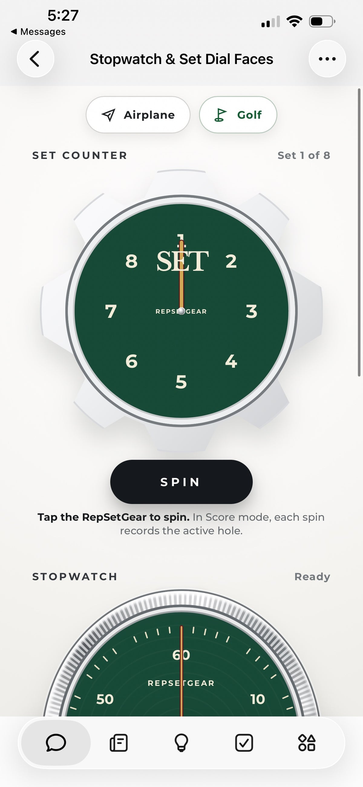 RepSetGear app, Racing Green face: 1-8 set dial with Bienne Sans numerals and true-circle stopwatch