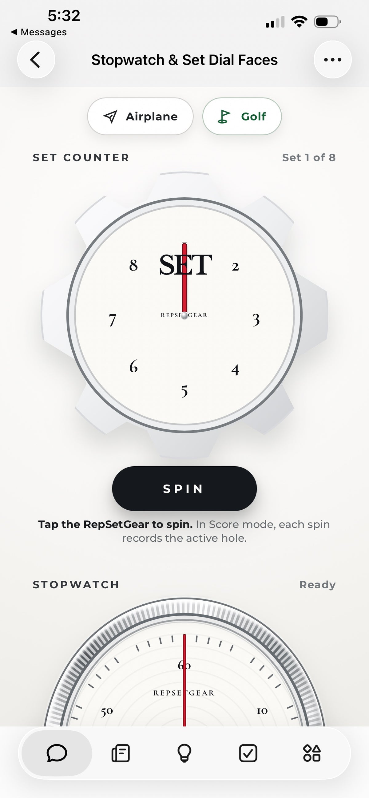 RepSetGear app, Alpine White face: 1-8 set dial with Geneva Roman numerals and true-circle stopwatch