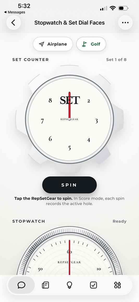 RepSetGear app, Alpine White face: 1-8 set dial with Geneva Roman numerals and true-circle stopwatch