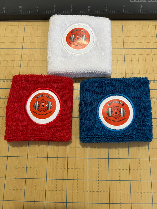 Red, white, and blue RepSetGear logo sweatbands