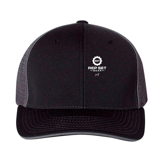 Black Trucker Hat – White Logo – front view