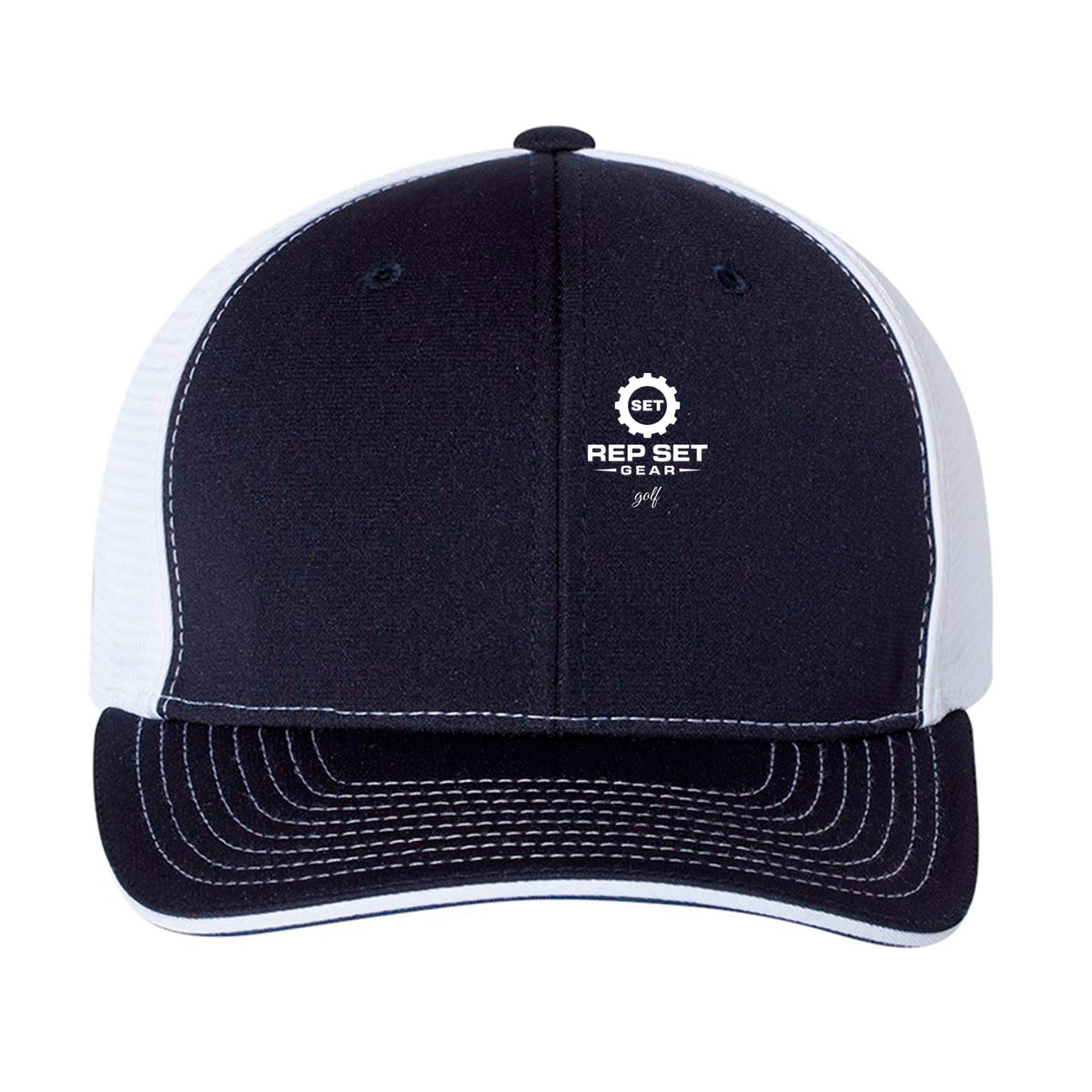 Black Trucker Hat – White Logo – front view