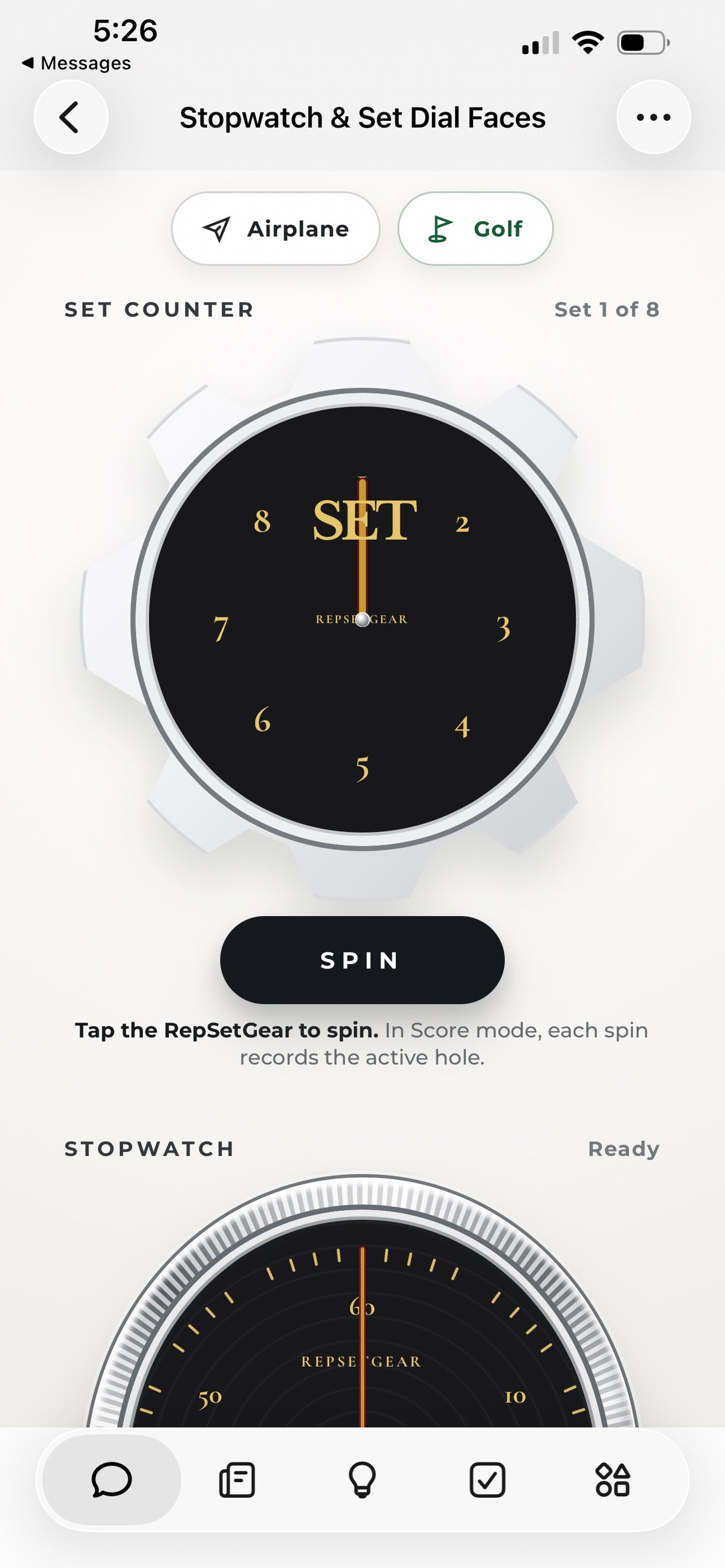 RepSetGear app, Noir and Gold face: 1-8 set dial with Geneva Roman numerals and true-circle stopwatch