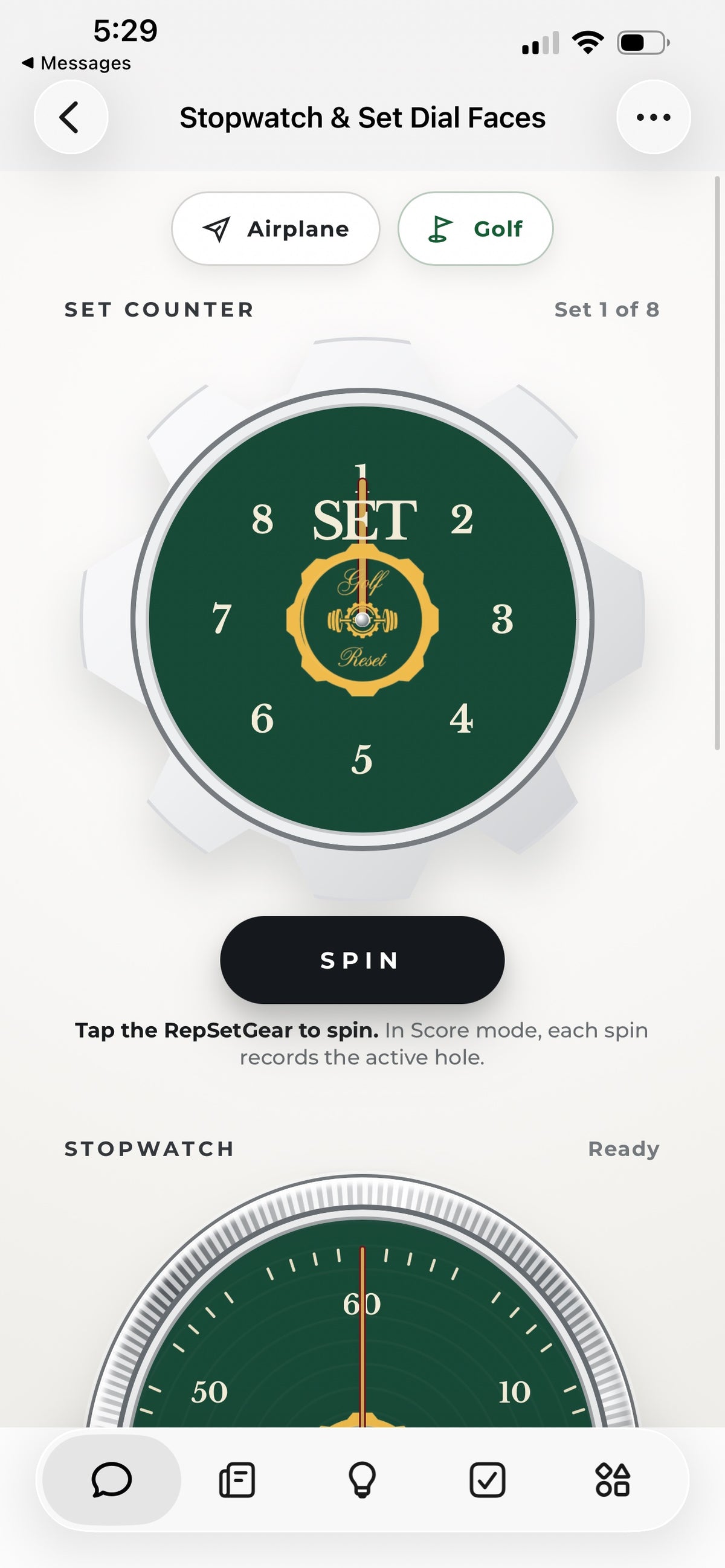 RepSetGear app, Racing Green face: 1-8 set dial with Heritage Serif numerals, gold ambassador seal, true-circle stopwatch