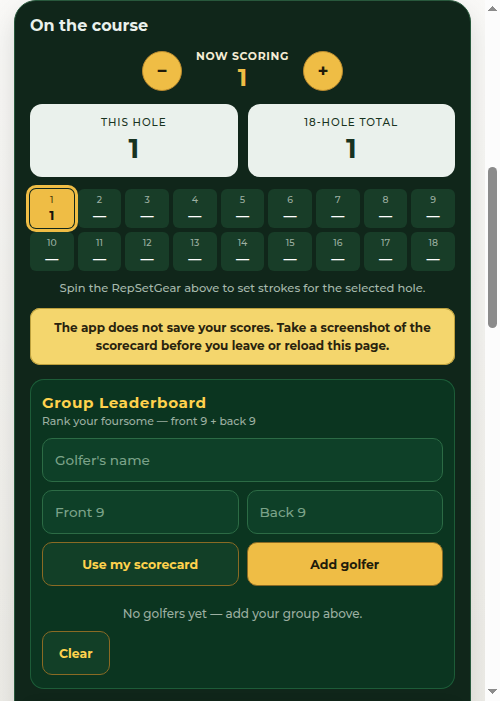 RepSetGear Golf app: 1-8 STROKE set gear with 18-hole scorecard and group leaderboard