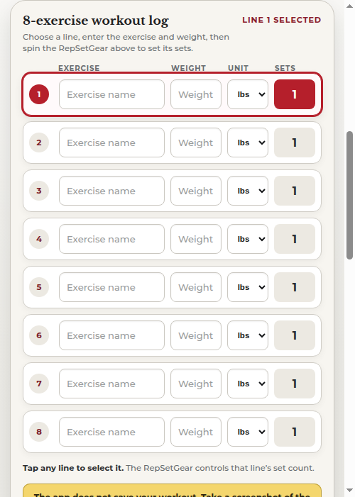 RepSetGear Gym app: 1-8 SET gear with eight-exercise sets log