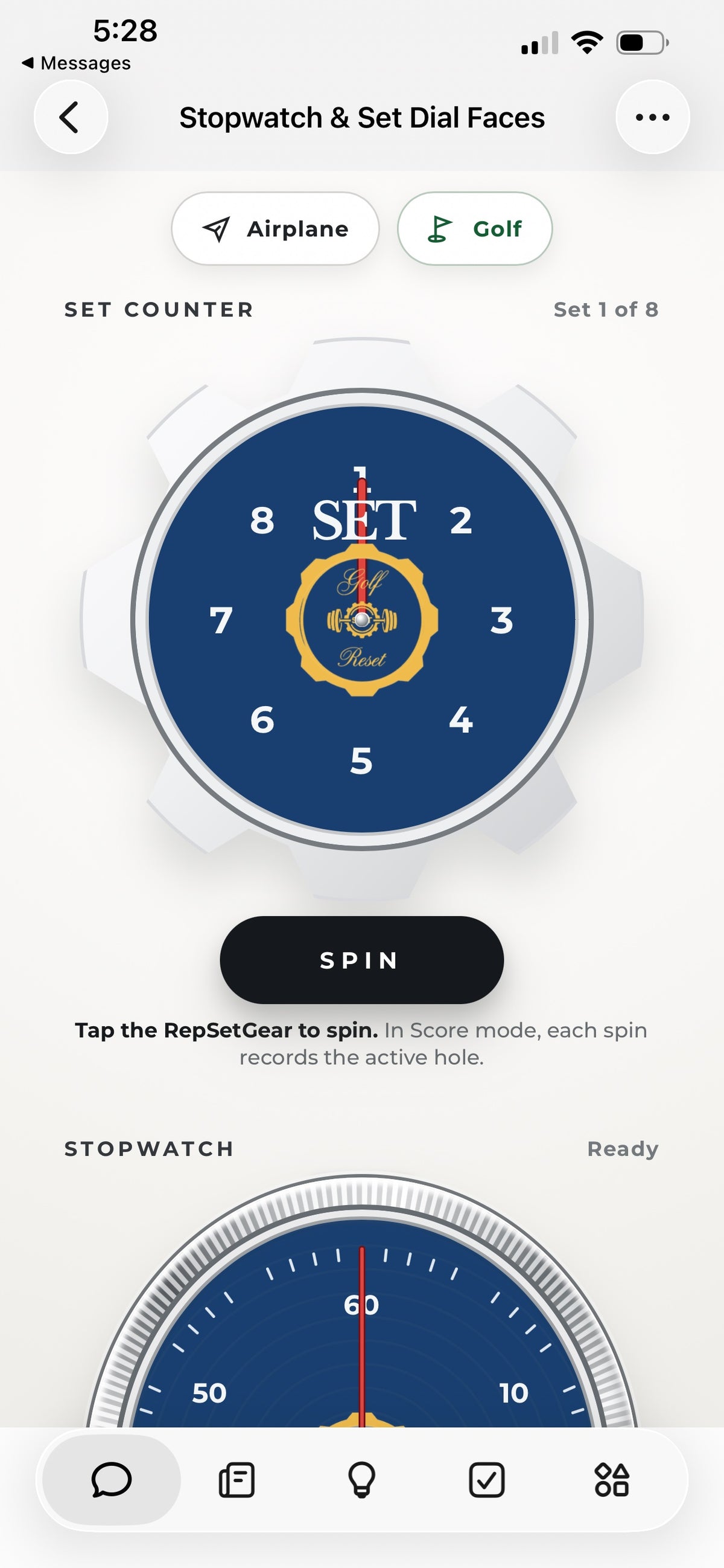 RepSetGear app, Seamaster Blue face: 1-8 set dial with Bienne Sans numerals, gold ambassador seal, true-circle stopwatch